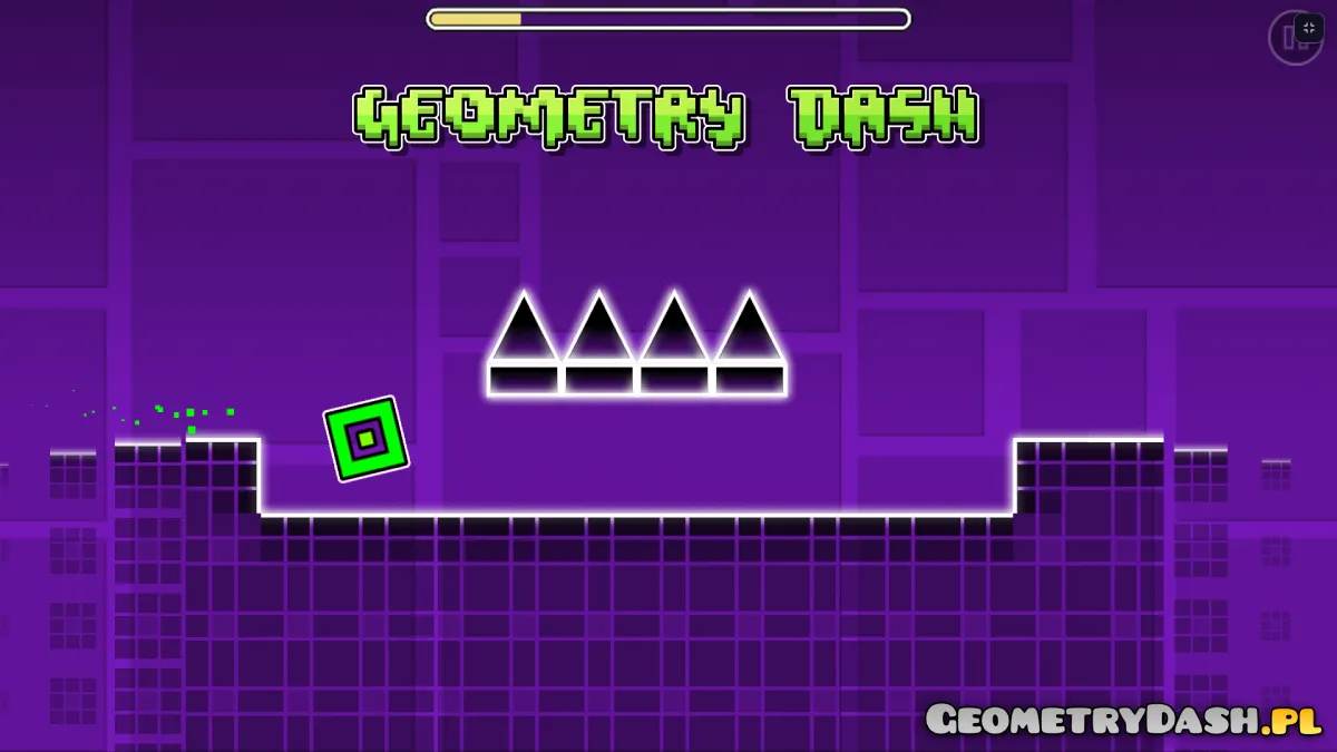 Geometry Dash — skok kostką na fioletowej trasie z kolcami
