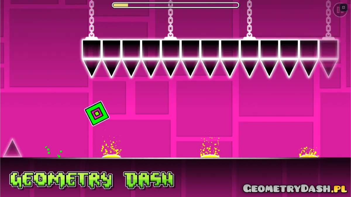 Geometry Dash — różowy poziom z kolcami i platformami do skakania