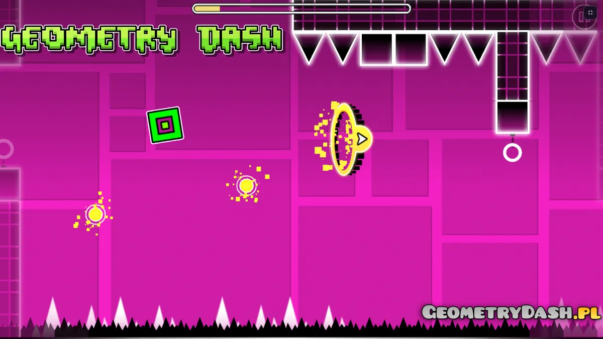 Geometry Dash — żółty portal i pierścienie na różowej trasie